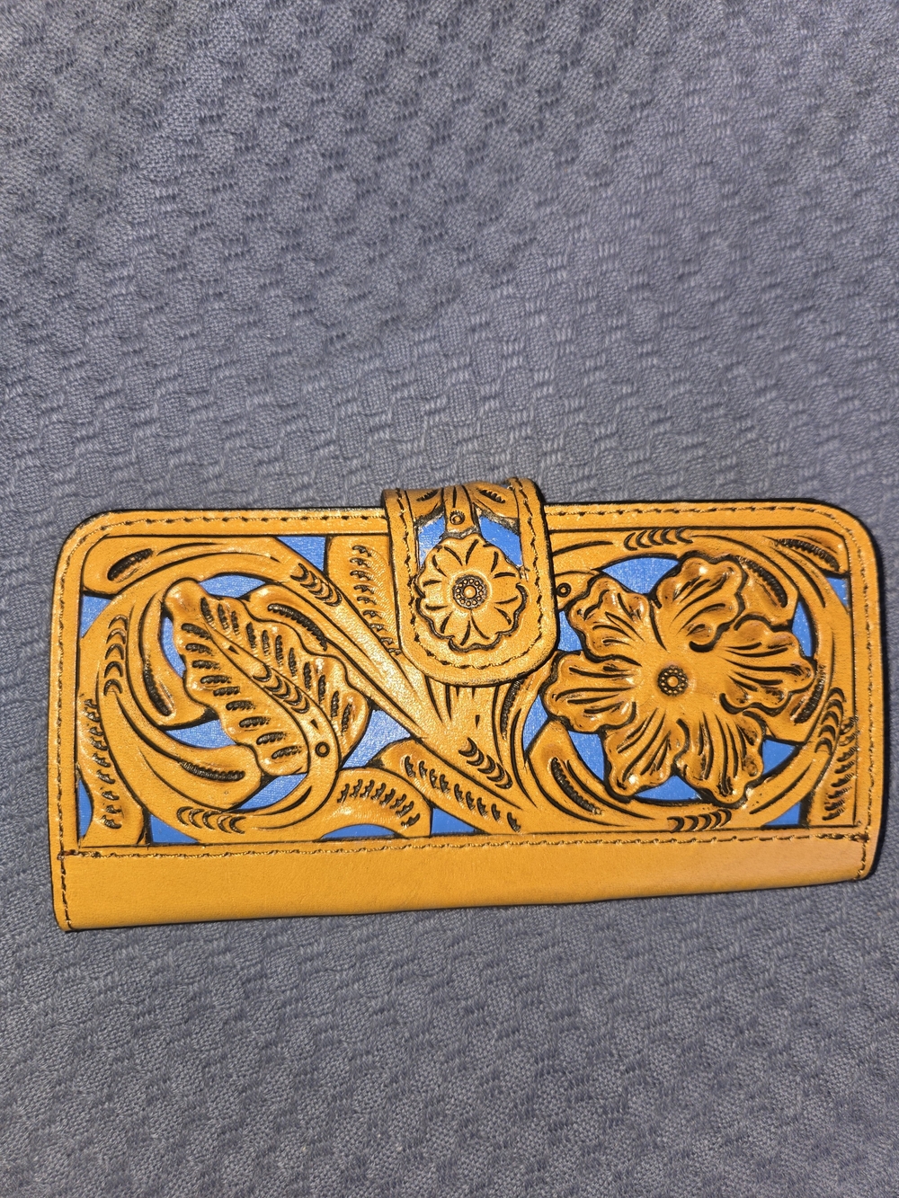 Yellow Floral Tooled Leather Wallet with Blue Accents